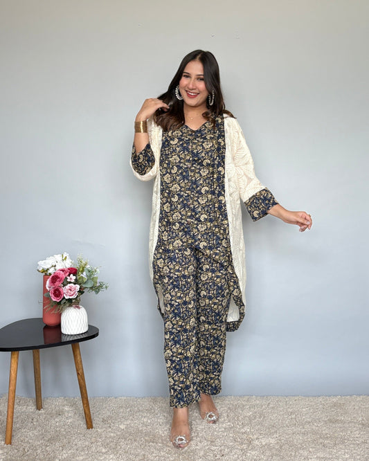 Blue Floral Cord Set With Knit Shrug