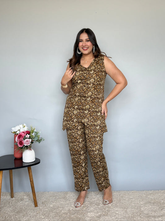 Brown Floral Cord Set With Net Shrug