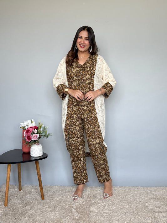 Brown Floral Cord Set With Net Shrug