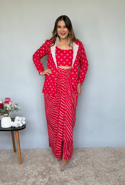 Red Bandhani Print Skirt Set With Jacket