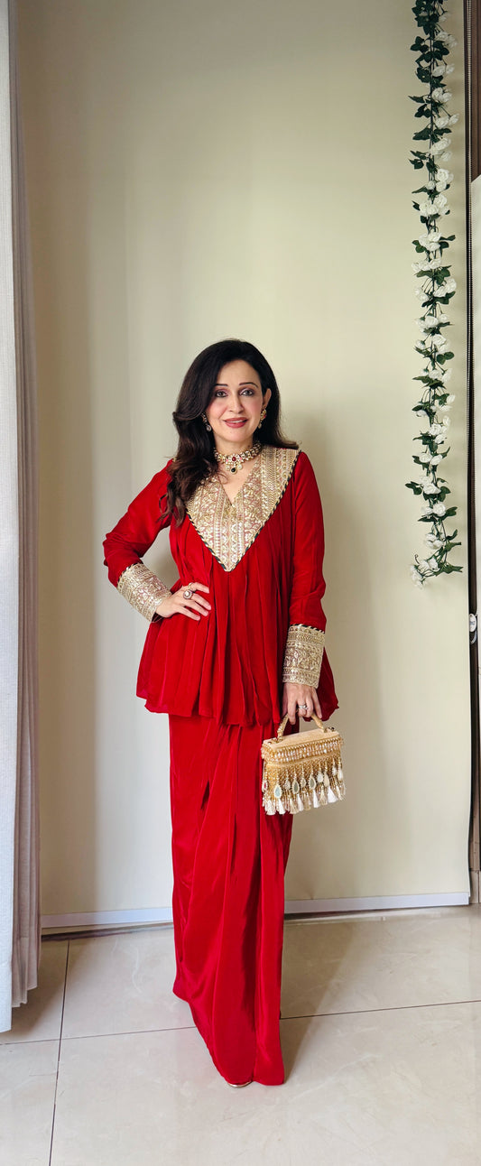 Flowy Red Pleated Skirt Set