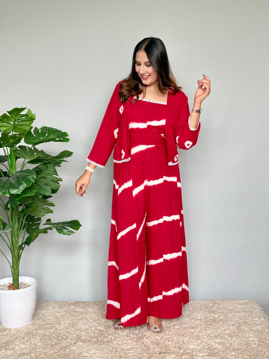 Red Tie Dye Jumpsuit With Jacket