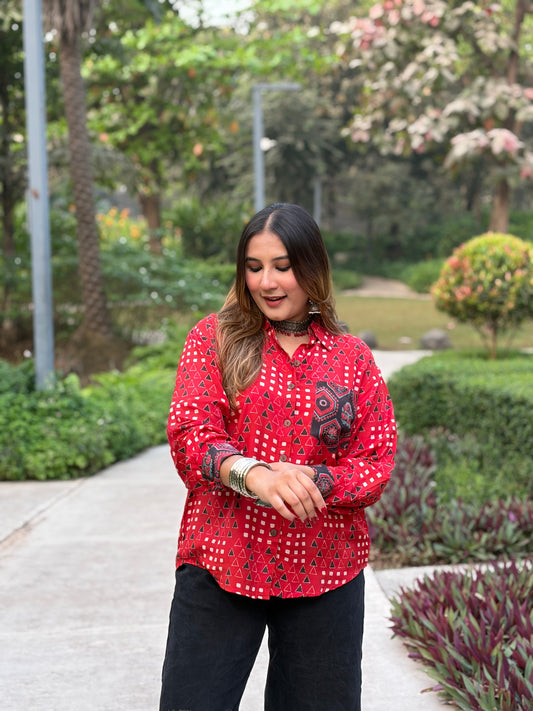Red Oversized Shirt With Pocket