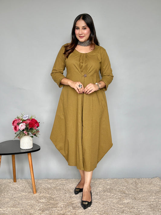 Olive Asymmetrical Dress With Adjustable Dori