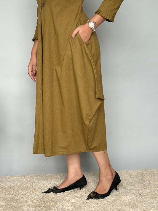 Olive Asymmetrical Dress With Adjustable Dori