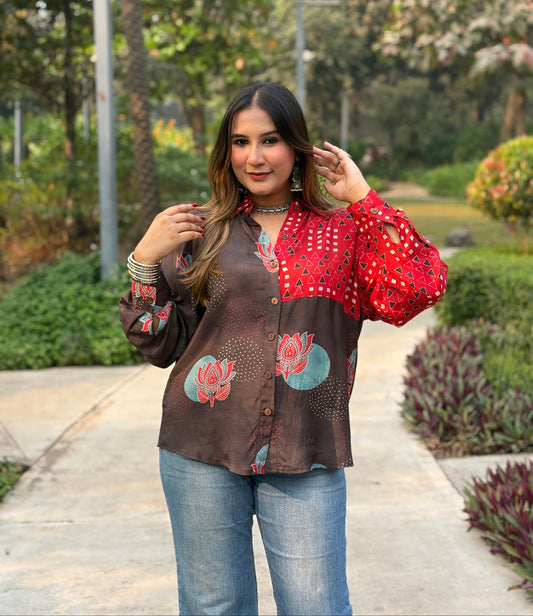 Red and Brown Printed Oversized Shirt