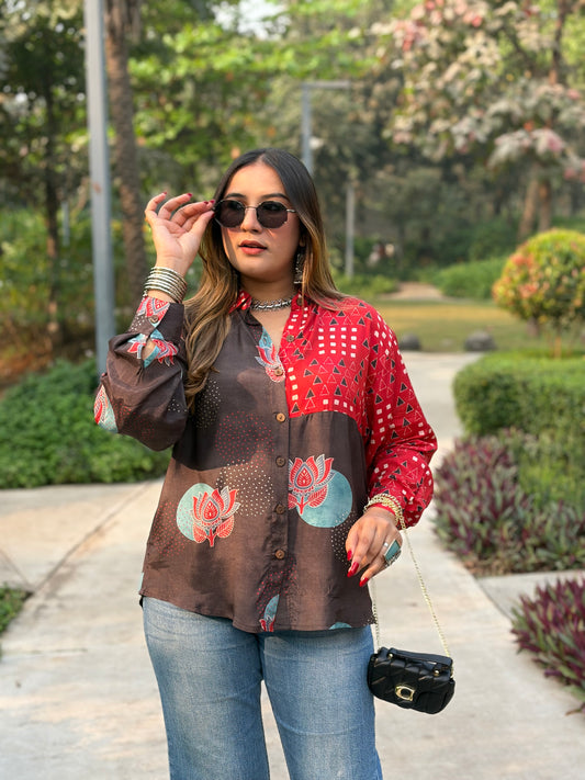 Red and Brown Printed Oversized Shirt