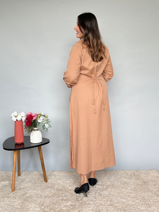 Beige Buttoned Dress With Adjustable Dori