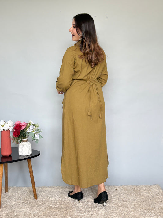 Olive Buttoned Dress With Adjustable Dori