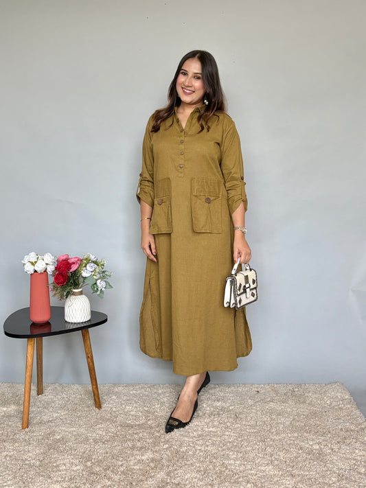 Olive Buttoned Dress With Adjustable Dori