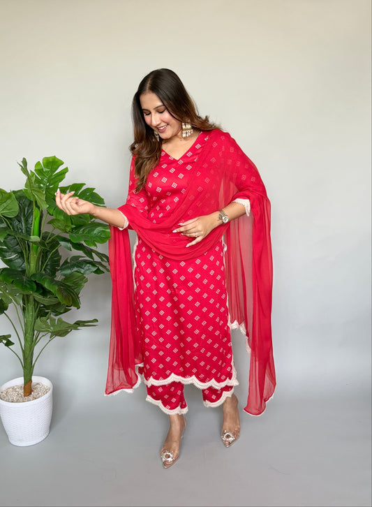 Red Dupatta Set with Bandhani Print