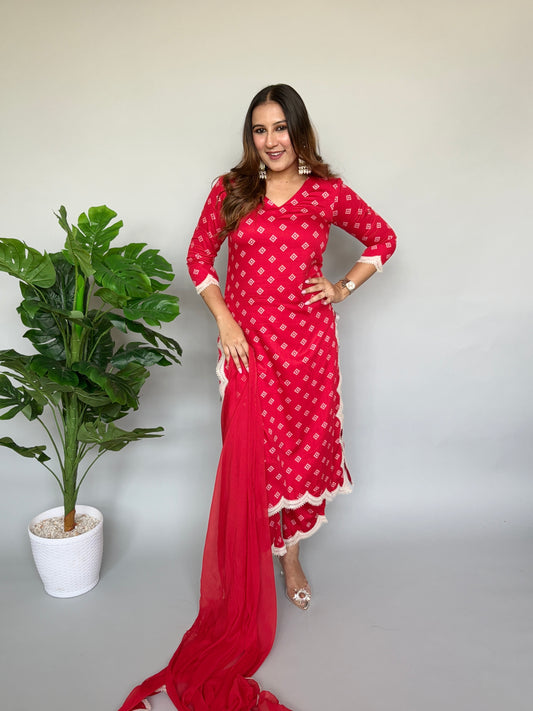 Red Dupatta Set with Bandhani Print