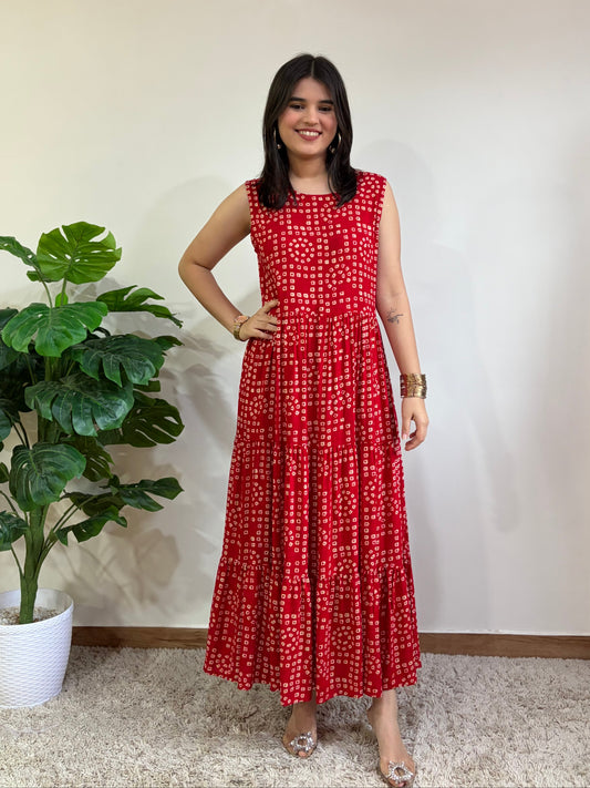 Red Bandhani Print Dress With Jacket