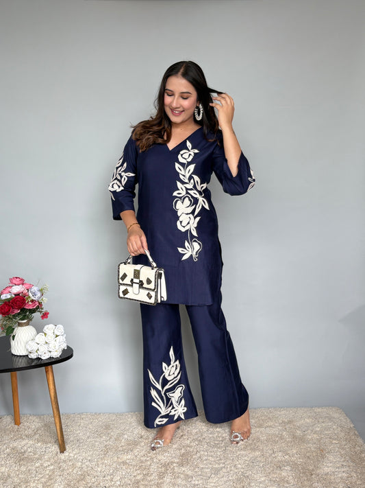 Deep Blue Embroidered Cord Set