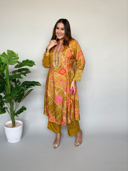 Olive Green Fusion Set with Floral Print