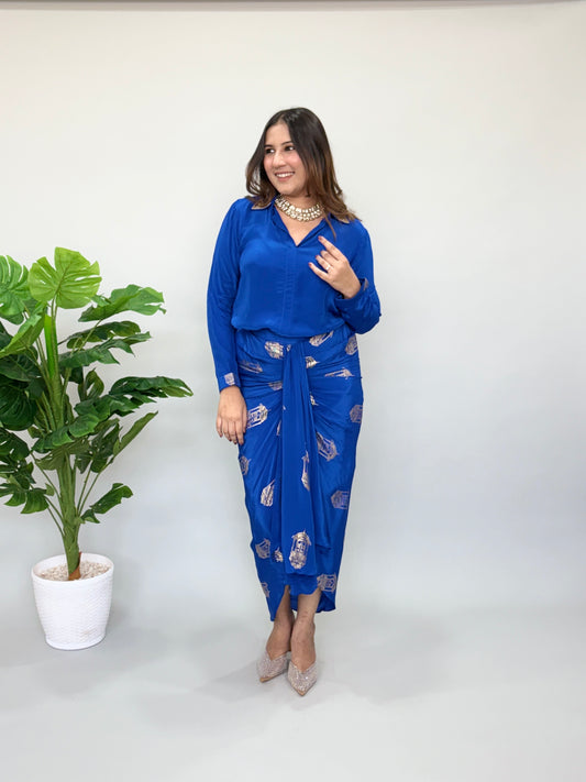 Blue Skirt Set With Metallic Print