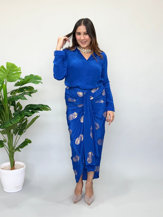 Blue Skirt Set With Metallic Print