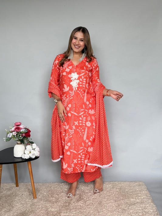 Orange Dupatta Set With Floral Prints