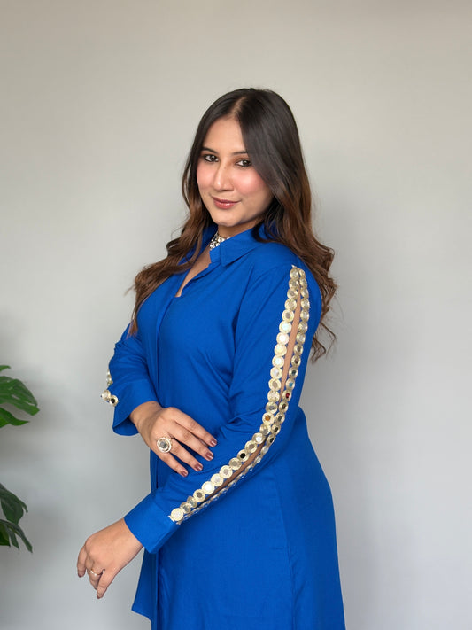 Blue Skirt Set With Mirror Work