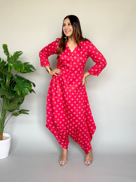 Red Bandhni Print Jumpsuit