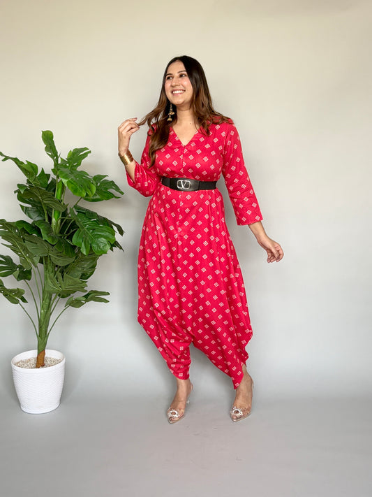 Red Bandhni Print Jumpsuit