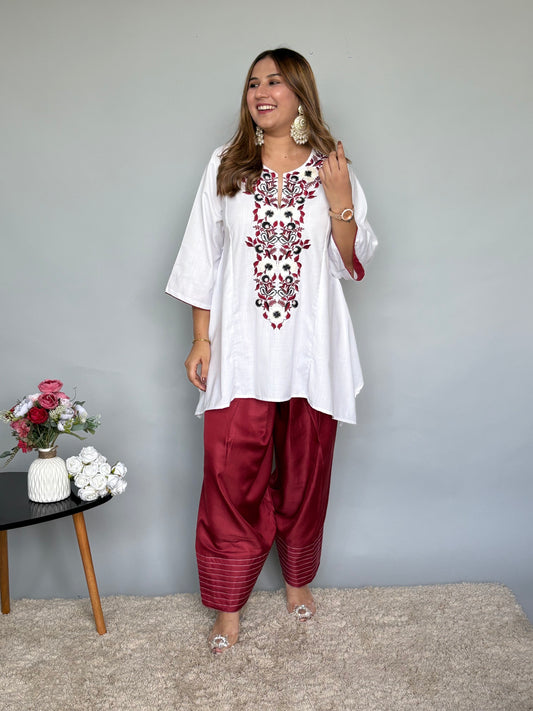 Red Farshi Pants Set With Handbag