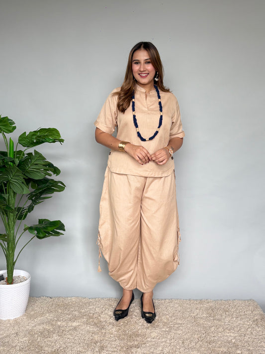 Soft Beige Cord Set With Blue Neckpiece