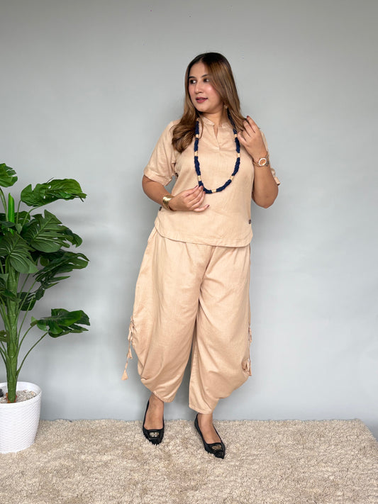 Soft Beige Cord Set With Blue Neckpiece