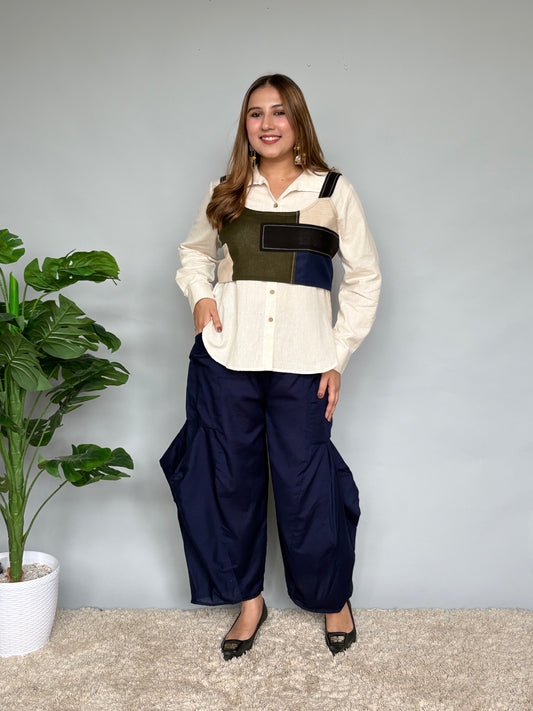 Crop Top Over Shirt With Navy Pants