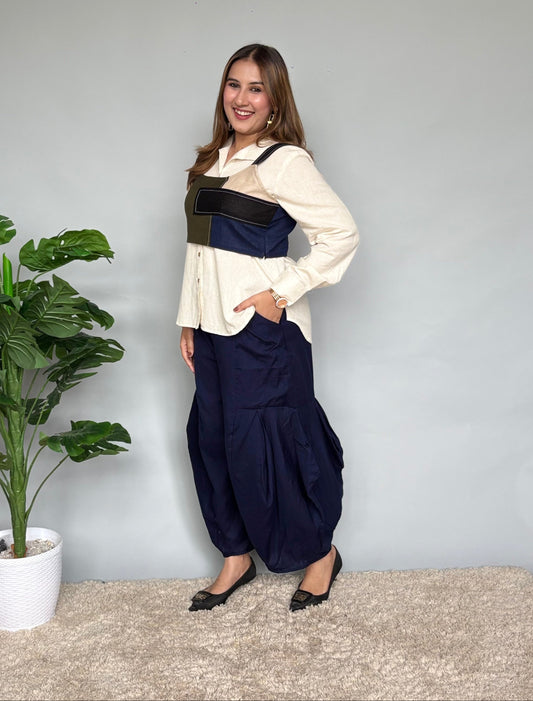 Crop Top Over Shirt With Navy Pants