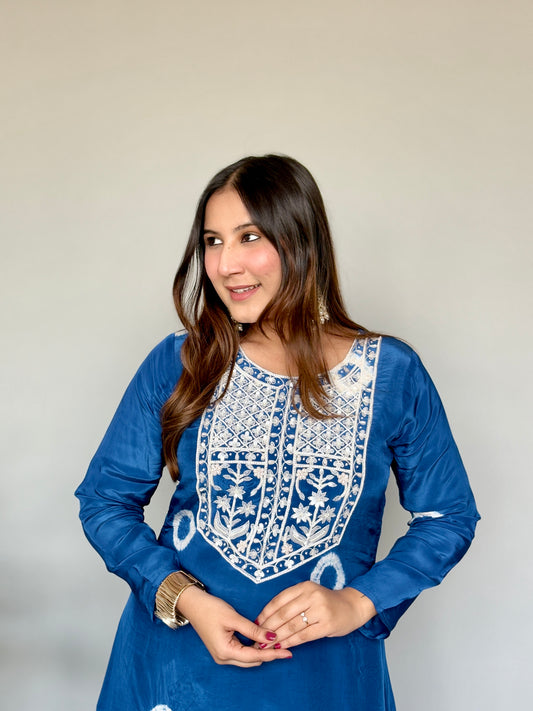 Blue Tie-Dye Set with White Embroidery