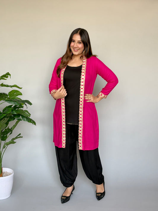 Pink Jacket With Black Top And Dhoti