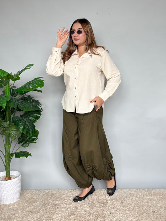 Olive Balloon Pants With Beige Shirt