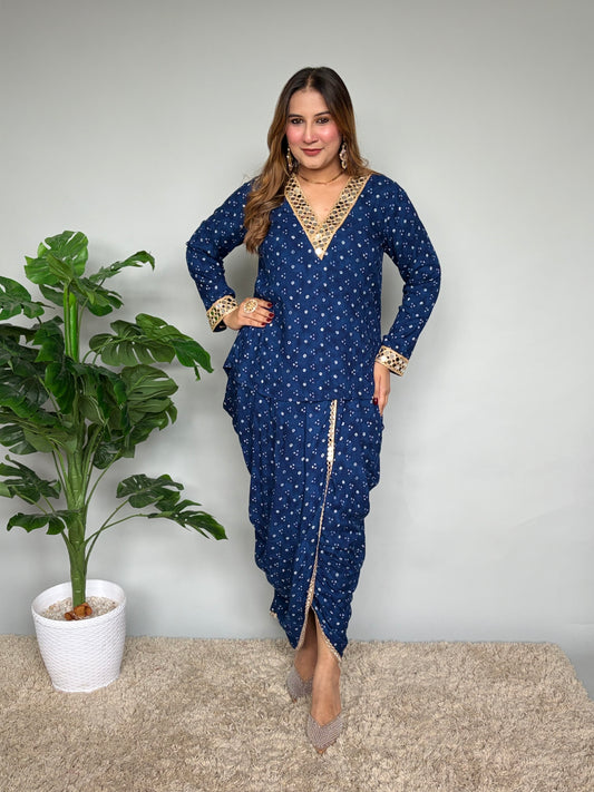 Blue Bandhani Print Skirt Set With Mirrorwork