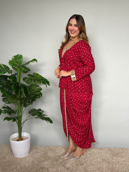 Red Bandhani Print Skirt Set With Mirrorwork