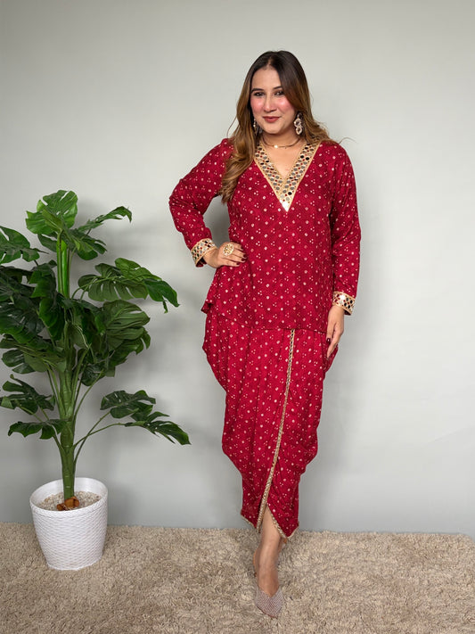 Red Bandhani Print Skirt Set With Mirrorwork