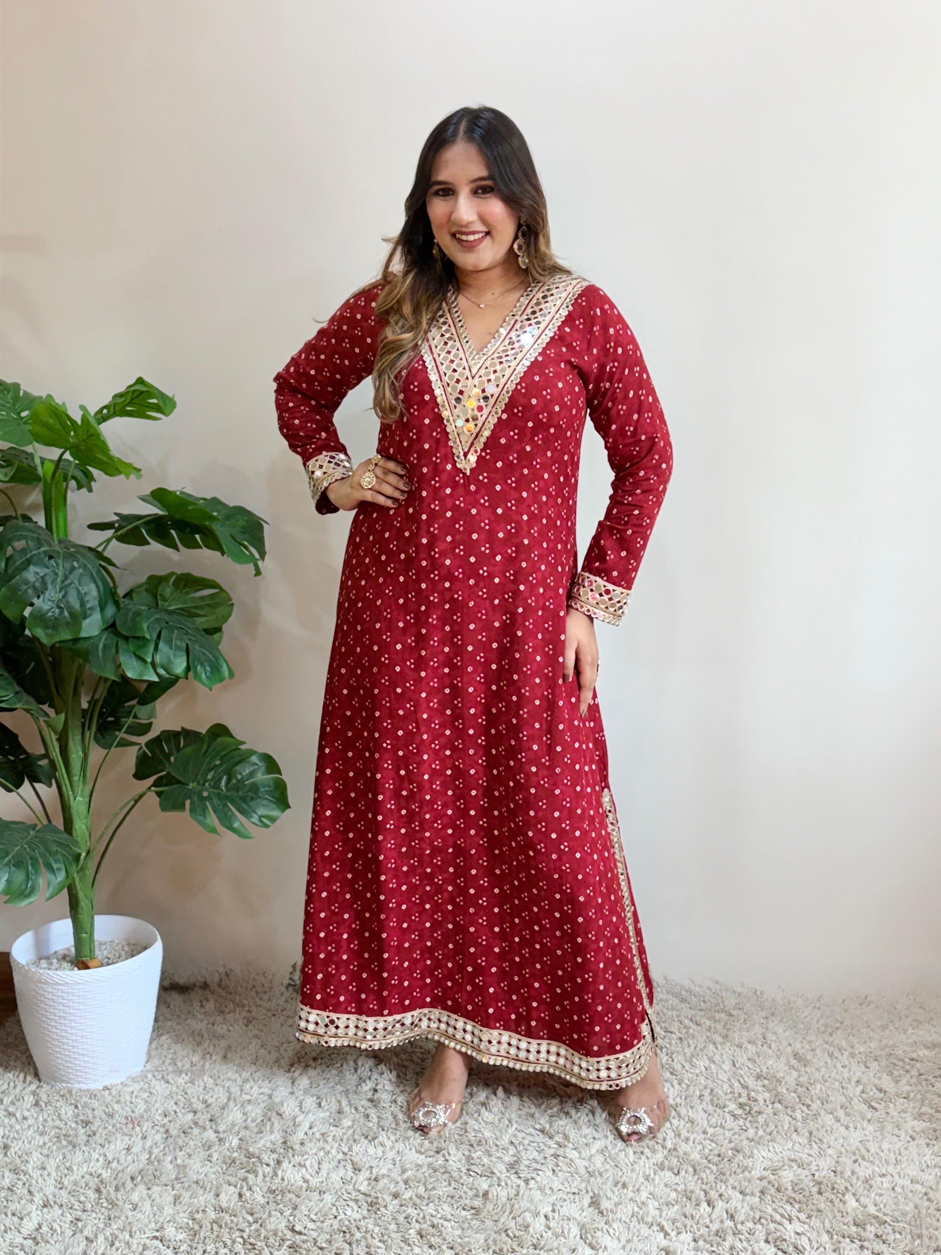 Red Bandhani Print Slit Dress – DesiVidesi