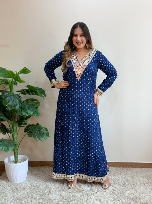 Blue Bandhani Print Slit Dress