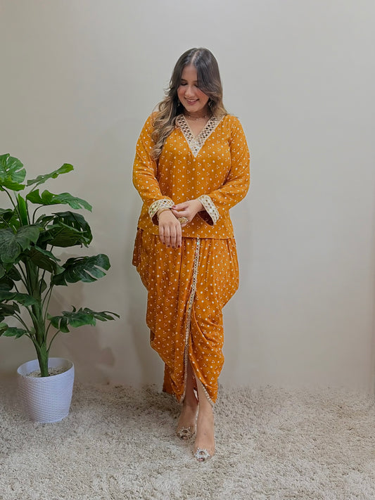 Mustard Bandhani Print Skirt Set With Mirrorwork