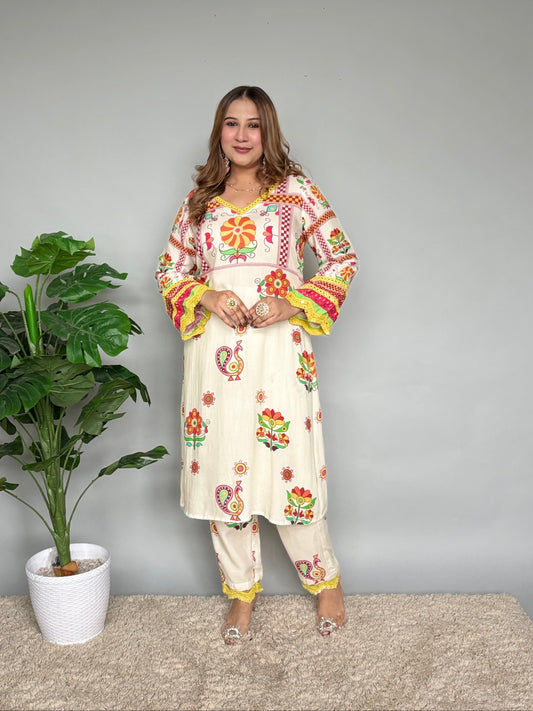 White Cord Set With Colourful Prints