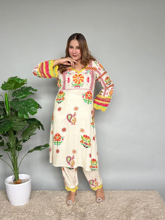 White Cord Set With Colourful Prints