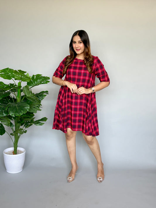 Red Black Checks One Piece Dress