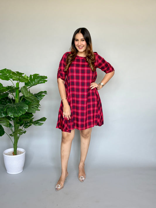 Red Black Checks One Piece Dress