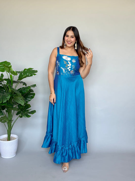Blue Embroidery Long Dress