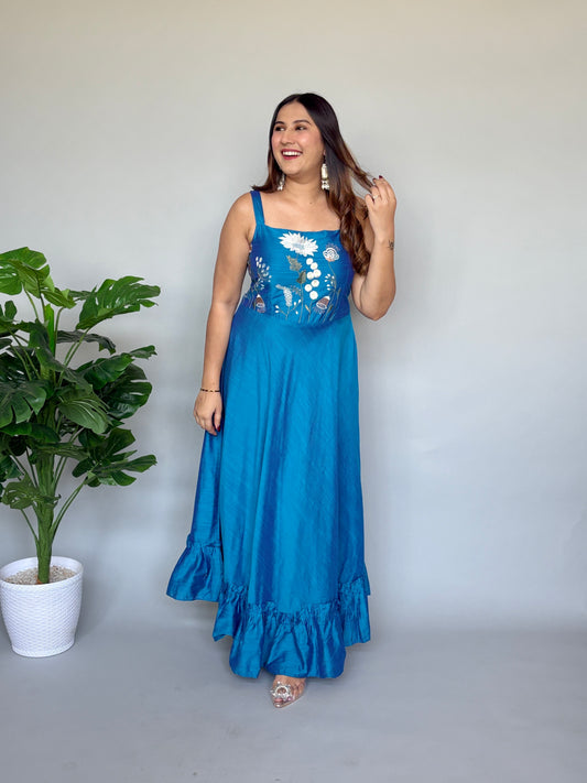 Blue Embroidery Long Dress