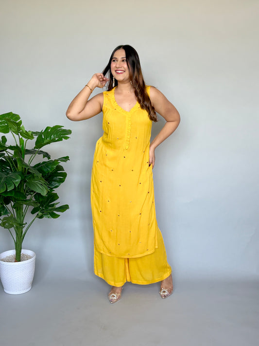 Yellow Co-ord Set with Mirror-work