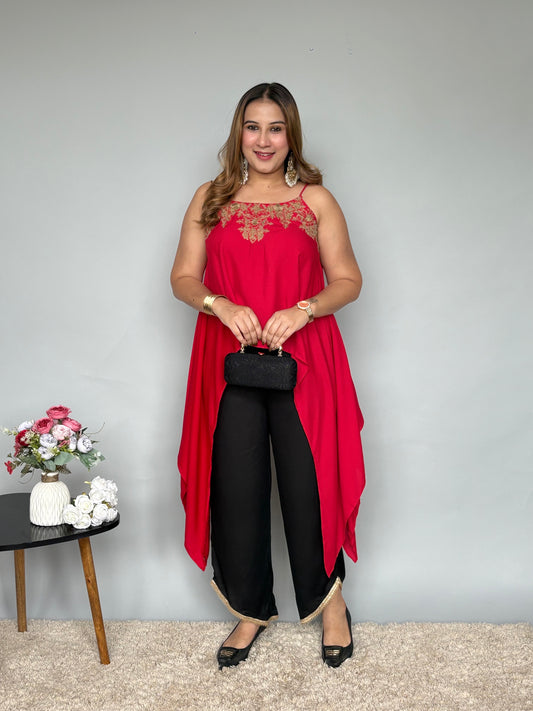 Red Asymmetrical Embroidered top with Black Pants