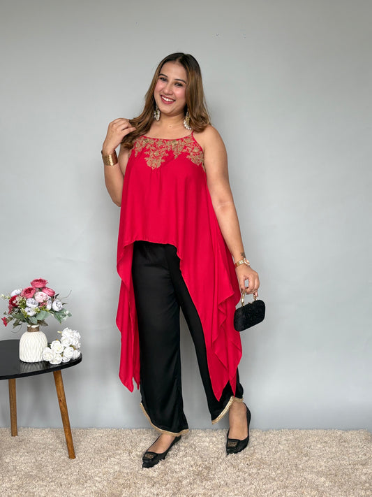 Red Asymmetrical Embroidered top with Black Pants