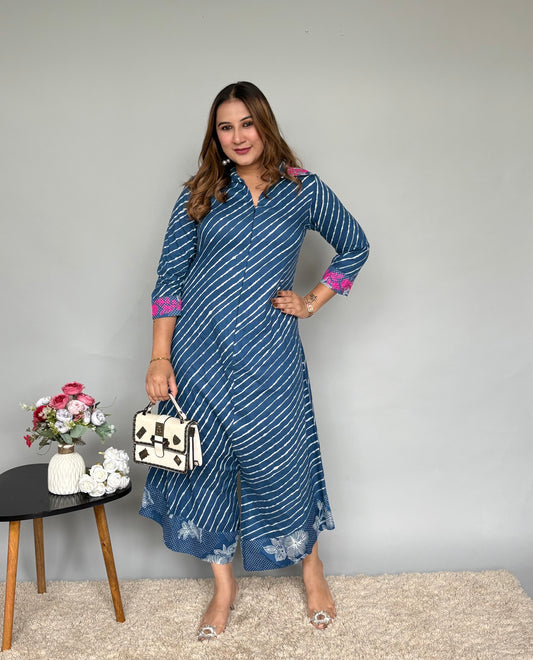 Blue Jumpsuit With Pink Embroidery