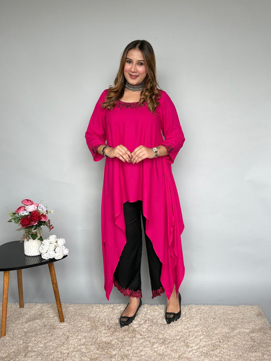Pink Asymmetrical Embroidered Top With Black Pants